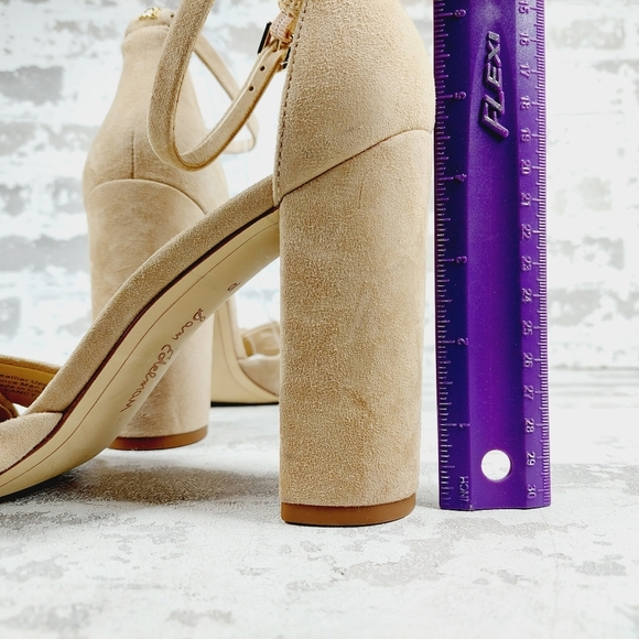 NEW Sam Edelman Yaro Cream Tan Suede Open Toe Ankle Buckle Heeled Sandals E607 - Picture 9 of 12